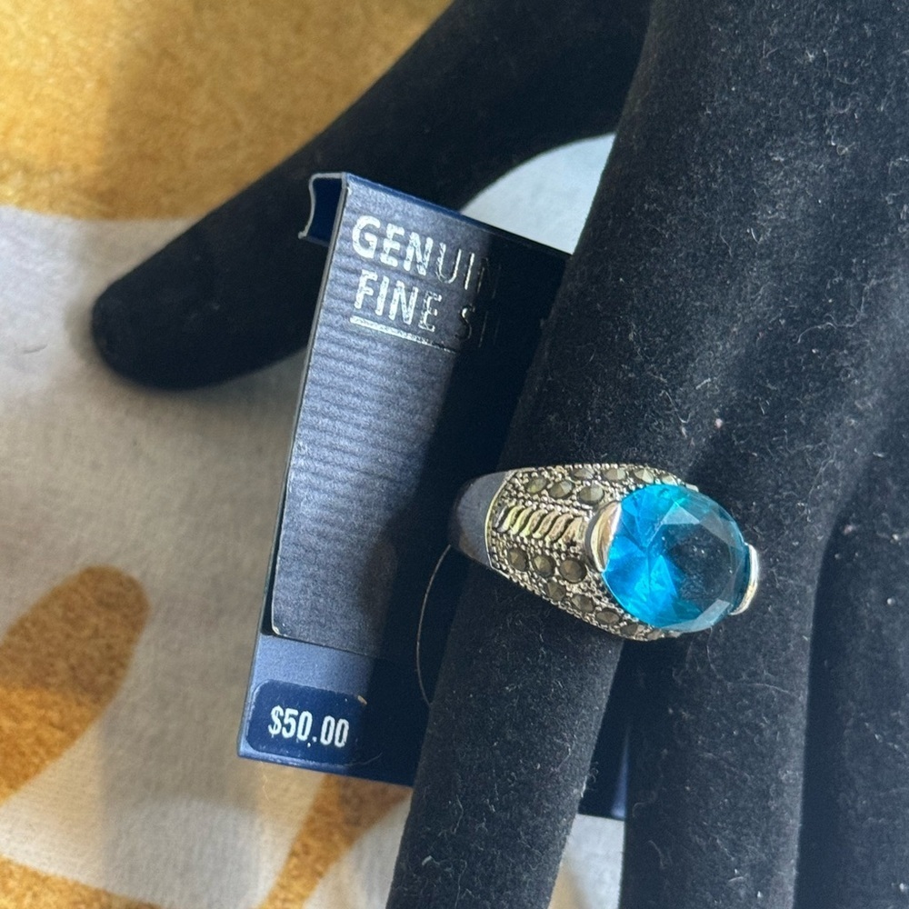 Blue Silver Marcasite Ring Size 8